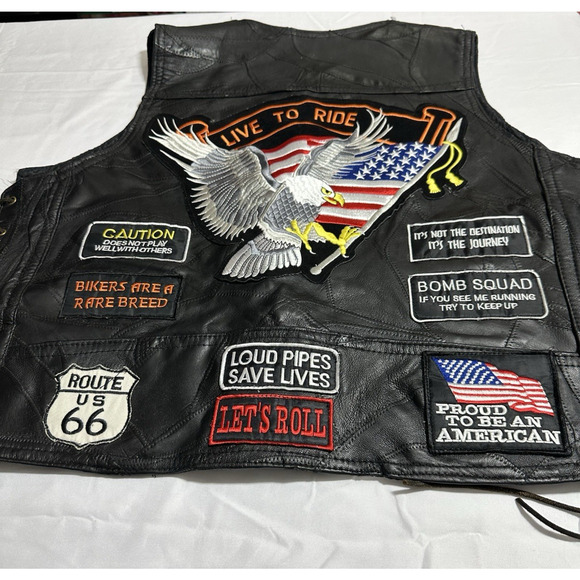 Biker Vest Mens XL Buffalo Leather Diamond Plate Live to Ride Motorcycle Patches - Picture 10 of 16
